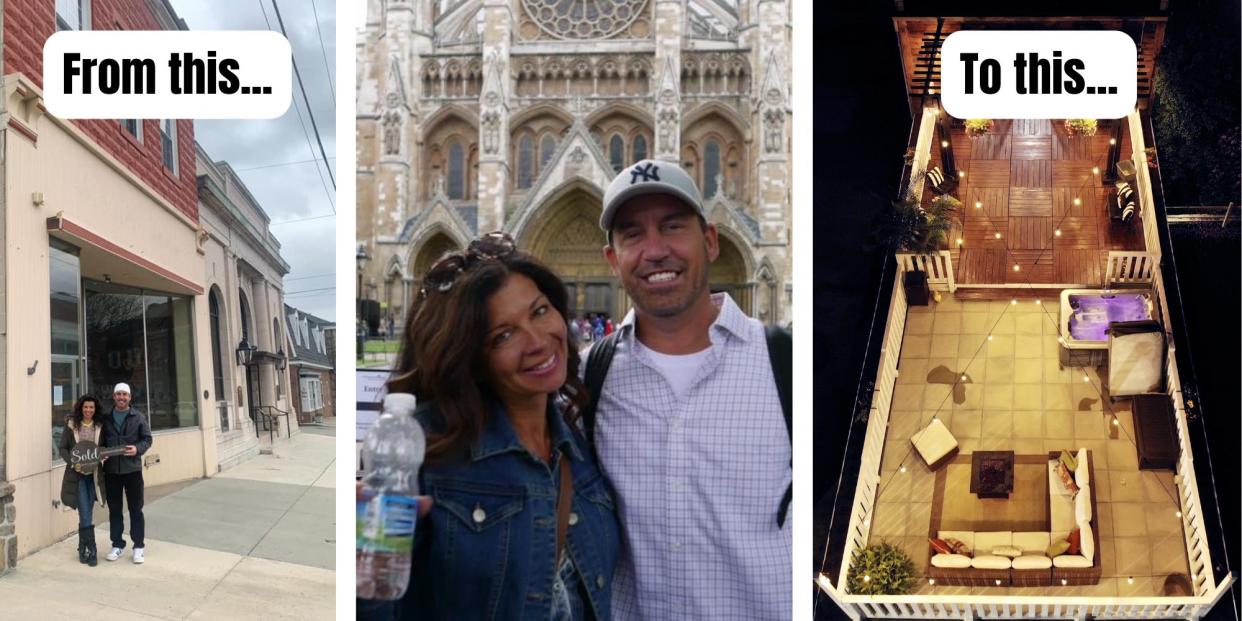 A picture of Paul and Cheryl in front of the store, followed by a picture of Paul and Cheryl together, followed a picture of their new rooftop deck after their renovation