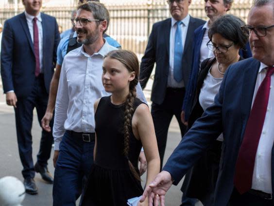 Greta Thunberg arrives for her meeting in the French National Assembly in Paris (AP)