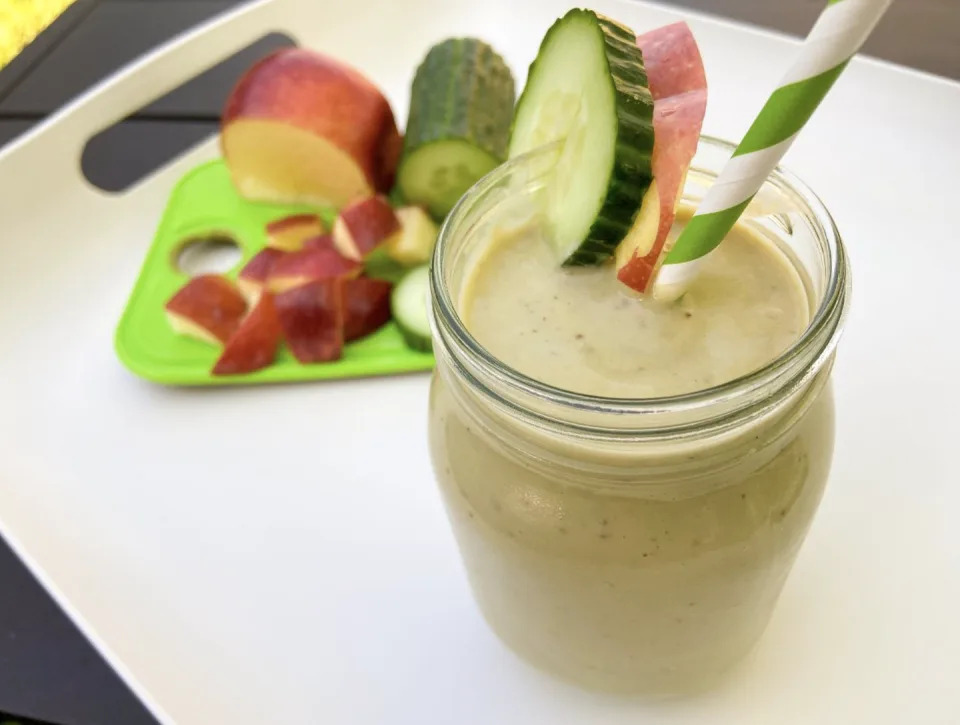 <p>“A refreshing apple cucumber smoothie with protein is the perfect way to start your day,” says Burdeos of this easy-to-make and filling smoothie. </p><p><strong&gtWhat You'll Need: <br></strong&gt1 cup milk <br&gt1/2 cup plain Greek yogurt<br&gt1 apple, cored and cubed<br&gt1 cup cucumber, chopped<br&gt1/2 avocado<br&gt1/2 cup ice</p><p&gtOptional: 1 tbsp maple syrup or honey or 1 to 2 chopped dates, 1 to 2 teaspoons freshly grated ginger, 1/8 teaspoon ground ginger, 1/4 cup fresh mint leaves, 1/2 teaspoon vanilla extract</p><p><strong&gtHow to Make It:</strong></p><p&gt1. Add all the ingredients to the blender. If your blender has instructions on a specific order of how to add ingredients, follow those.</p><p&gt2. Blend all the ingredients together until smooth and garnish with optional ground ginger. Serve immediately.</p>