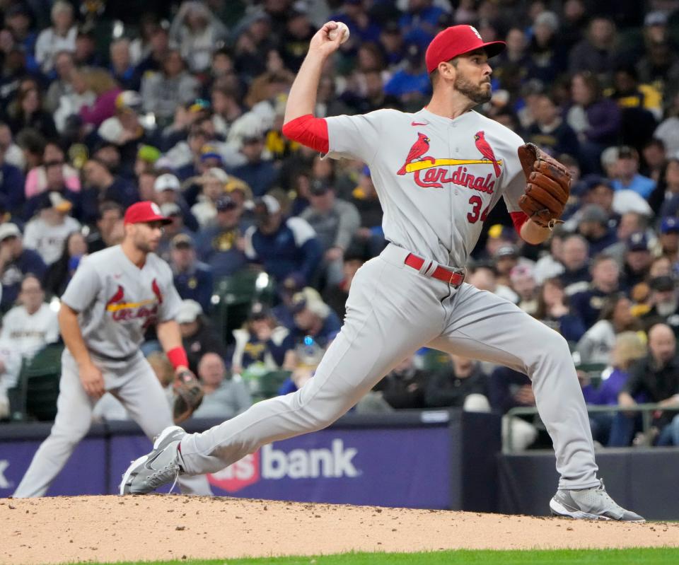 St. Louis Cardinals pitcher Drew VerHagen (34) throws during the fifth inning of their game against the Milwaukee Brewers Thursday, April 14, 2022 at American Family Field in Milwaukee, Wis.