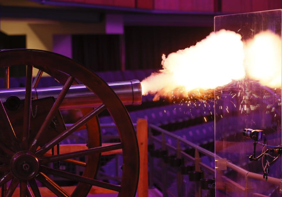 The cannon fires as the Columbus Blue Jackets take the ice prior to the NHL hockey game against the Dallas Stars at Nationwide Arena in Columbus on Thursday, Feb. 4, 2021.