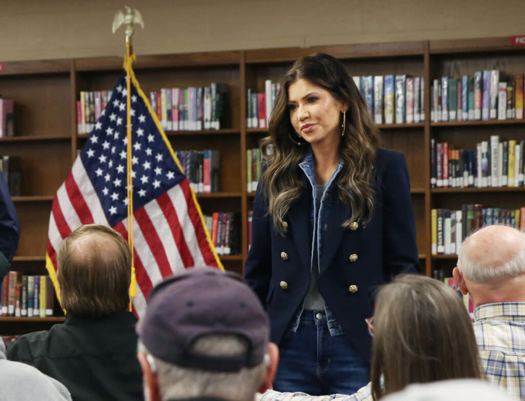 South Dakota Gov. Kristi Noem speaks to members of the public at a town hall in Mitchell on March 13, 2024. (Makenzie Huber/South Dakota Searchlight)