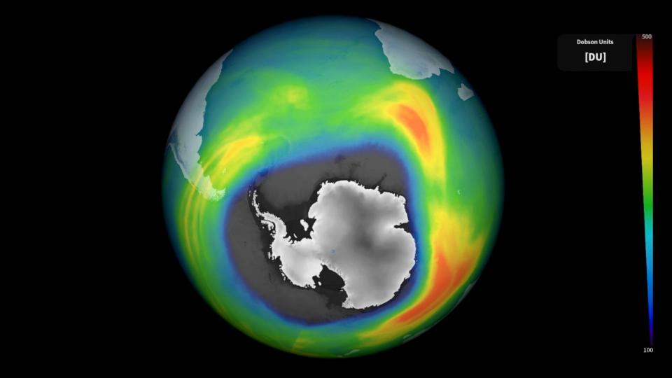 PHOTO: Measurements from the Copernicus Sentinel-5P satellite show this year’s ozone hole over the Antarctic. (Copernicus Sentinel/ESA)