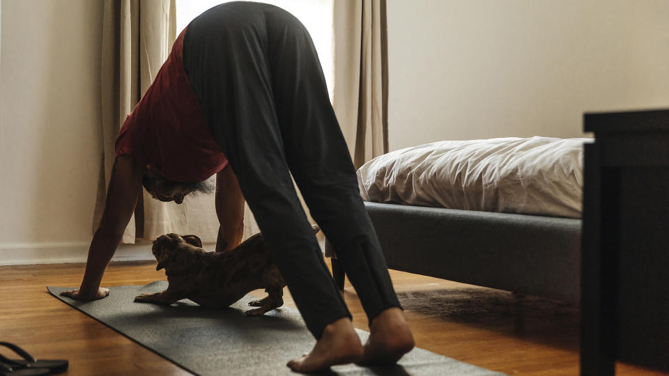 A man and his dog practice yoga next to his bed in a dark bedroom