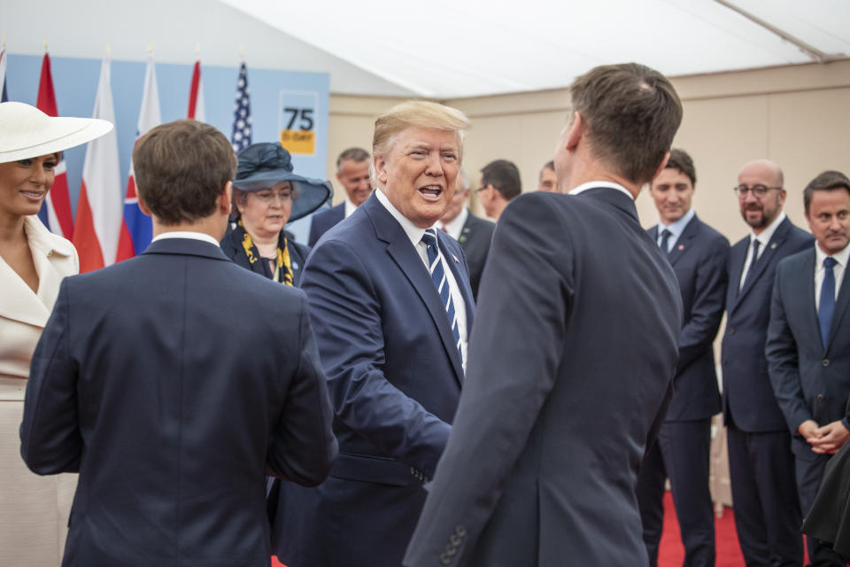 (left to right) Melania Trump, President of the France Emmanuel Macron, US President Donald Trump and Foreign Secretary Jeremy Hunt during a meeting of leaders of the Allied Nations at the 75th Anniversary of the D-Day landings at Southsea Common, Portsmouth.