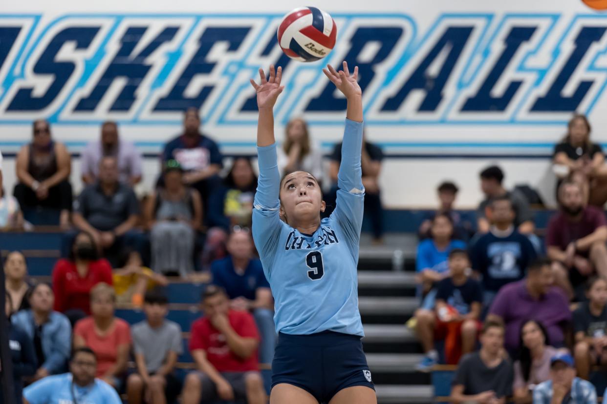 Chapin's Teagan Rath (9) at a high school volleyball game against Americas on Aug. 16, 2022, at Chapin High School in El Paso.