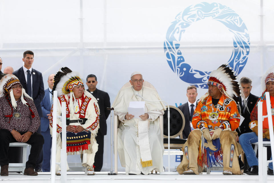 <p>Pope Francis gives a speech as he meets with First Nations, Metis and Inuit indigenous communities in Maskwacis, Alberta, Canada July 25, 2022. REUTERS/Amber Bracken</p> 