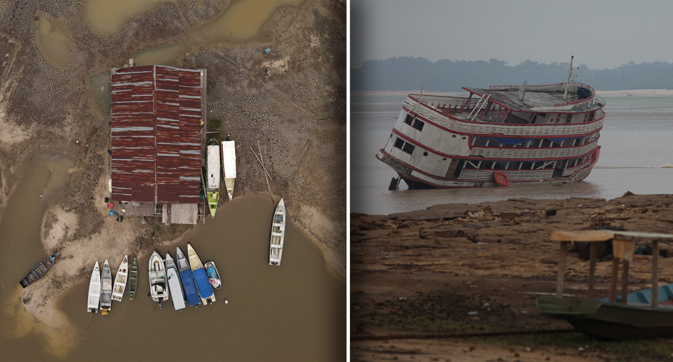 Left - an aerial view of the river. We can see a building and boats. Right - a large boat stuck in the river because of drought.