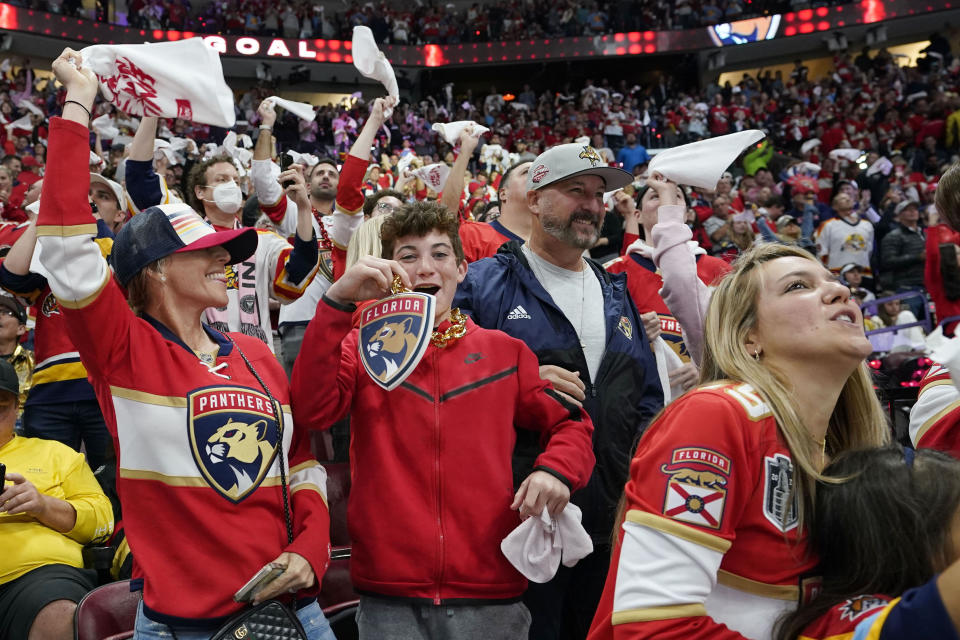 Florida Panthers fans cheer the team during the first period of Game 3 of the NHL hockey Stanley Cup Finals against the Vegas Golden Knights, Thursday, June 8, 2023, in Sunrise, Fla. (AP Photo/Lynne Sladky)