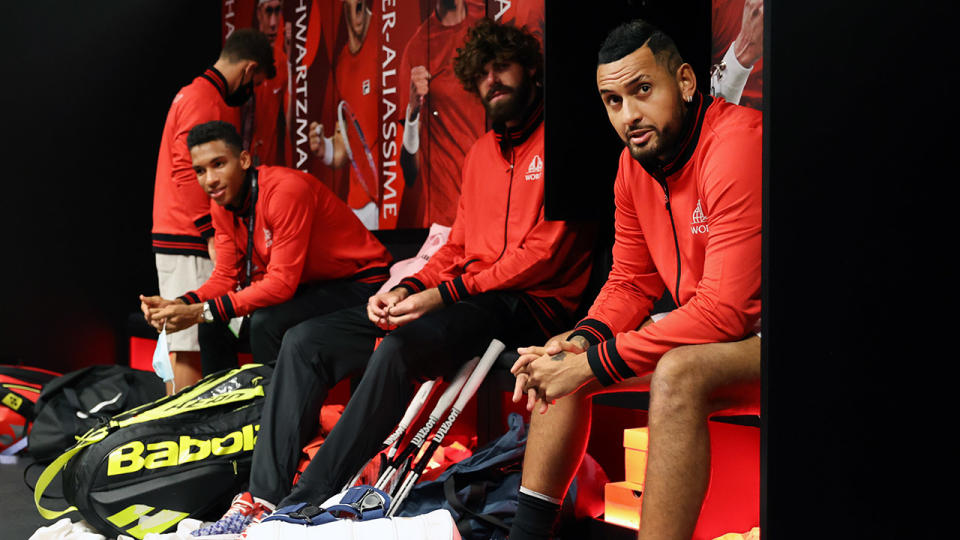 Nick Kyrgios, pictured here in the Team World locker room at the Laver Cup.