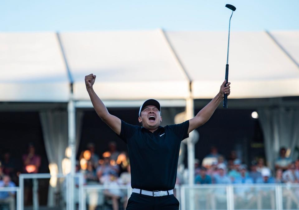 Kevin Yu of Taoyuan, Taiwan, celebrates after winning the Sanderson Farms Championship at the Country Club of Jackson in Jackson, Miss., on Sunday, Oct. 6, 2024.