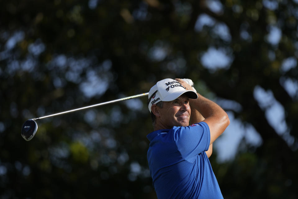Padraig Harrington, of Ireland, tees off on the 14th hole in the first round of the Honda Classic golf tournament, Thursday, Feb. 23, 2023, in Palm Beach Gardens, Fla. (AP Photo/Rebecca Blackwell)