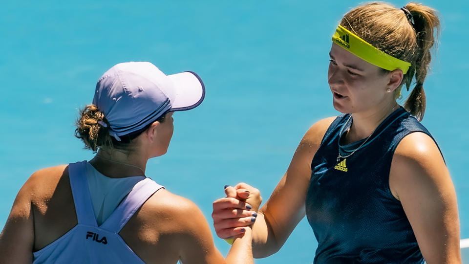 Karolina Muchova of the Czech Republic shakes hands with Ash Barty after winning their Australian Open quarter final match.  (Photo by Andy Cheung/Getty Images)