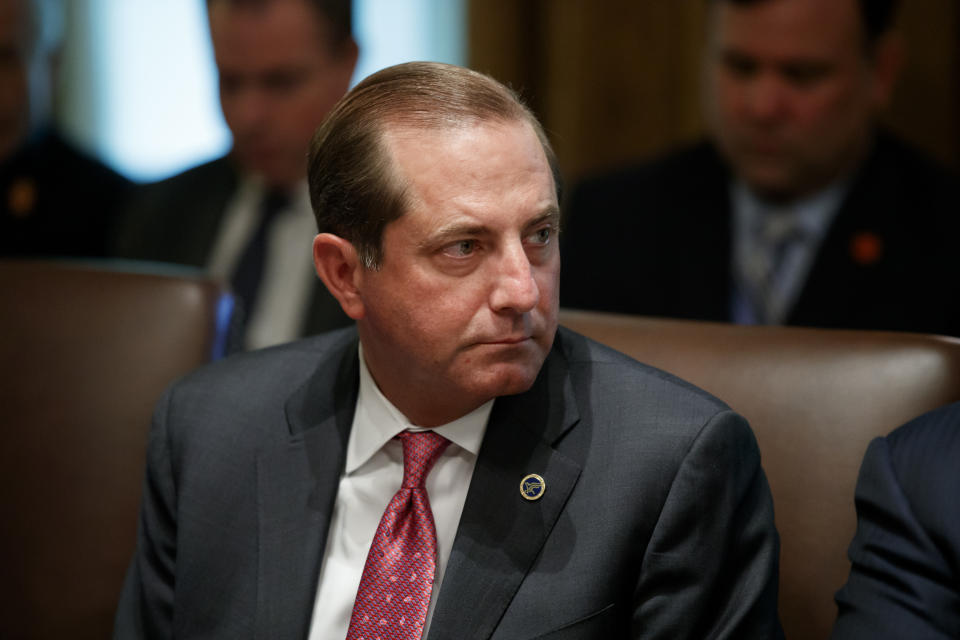 Health and Human Services Secretary Alex Azar listens during a Cabinet meeting in the Cabinet Room of the White House, Tuesday, July 16, 2019, in Washington. (AP Photo/Alex Brandon)