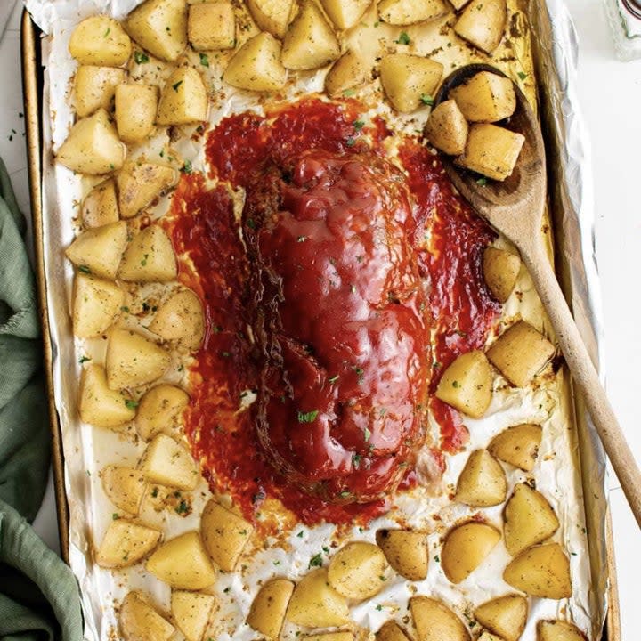 I love the concept of cooking the meatloaf and potatoes on one pan, because although meatloaf itself is pretty straightforward, once you get the potatoes and side veggies done, it can become quite the process. I recommend seasoning the meat itself more elaborately than the recipe calls for.Recipe: Sheet Pan Meatloaf & Potatoes