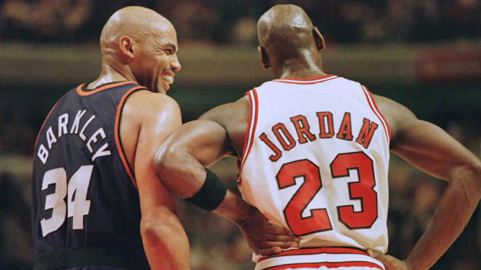 Pictured here, NBA Hall of Famers Charles Barkley and Michael Jordan in their playing days.