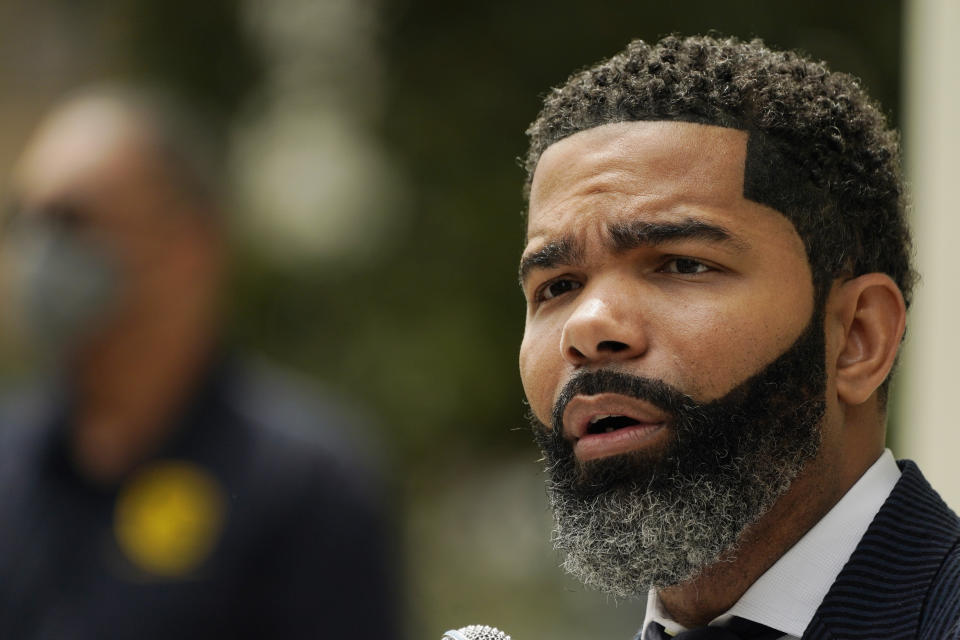 Jackson, Miss., Mayor Chokwe Antar Lumumba speaks at a Sept. 6, 2022, news conference, at City Hall. regarding updates on the ongoing water infrastructure issues. (AP Photo/Rogelio V. Solis)