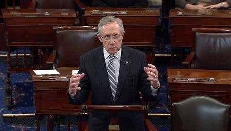 U.S. Senate Majority Leader Harry Reid (D-NV) announces a last-minute deal to avert a historic lapse in the government's borrowing ability, in this still image taken from video from the floor of the Senate at the U.S. Capitol in Washington October 16, 2013. REUTERS/U.S. Senate TV/Handout