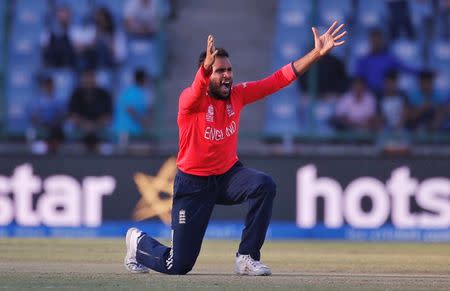 Cricket - England v Afghanistan - World Twenty20 cricket tournament - New Delhi, India, 23/03/2016. England's Adil Rashid appeals unsuccessfully for the wicket of Afghanistan's Samiullah Shenwari. REUTERS/Adnan Abidi