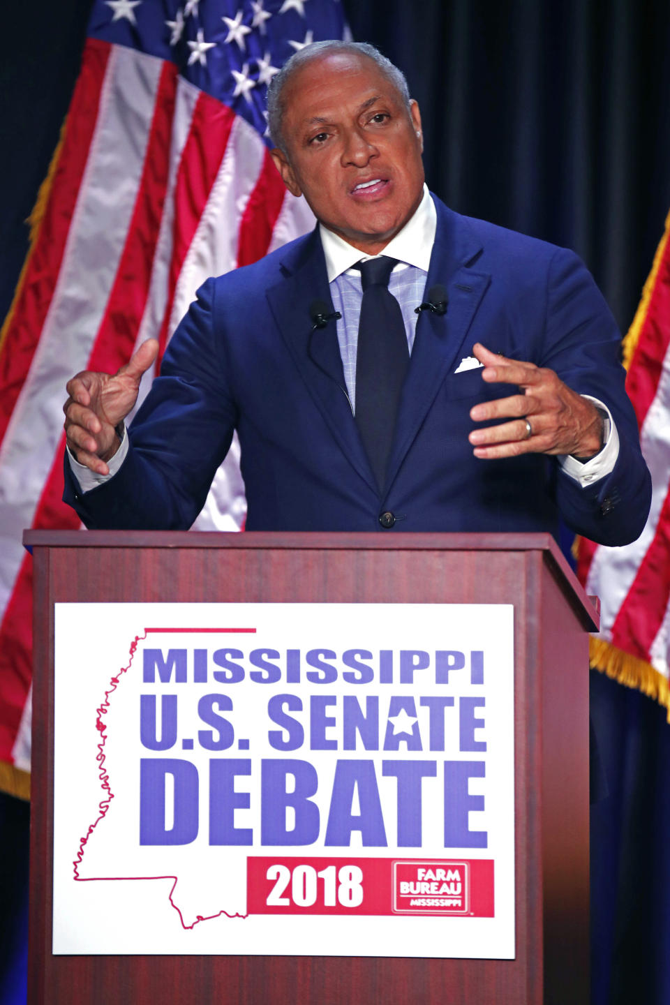 Democrat Mike Espy answers a question during a televised Mississippi U.S. Senate debate with his opponent appointed U.S. Sen. Cindy Hyde-Smith, R-Miss., in Jackson, Miss., Tuesday, Nov. 20, 2018. (AP Photo/Rogelio V. Solis, Pool)