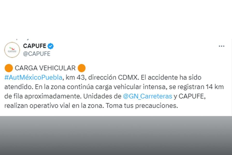 Carga vehicular por accidente en México-Puebla