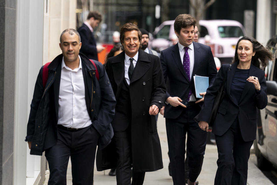 Attorney David Sherborne, second from left, at the Rolls Buildings, central London, Wednesday March 20, 2024. Prince Harry alleged Thursday, March 21, 2024, that the publisher of The Sun tabloid unlawfully intercepted phone calls of his late mother, Princess Diana, and father, now King Charles III, as he sought to expand his privacy invasion lawsuit against News Group Newspapers. (Jordan Pettitt/PA via AP)