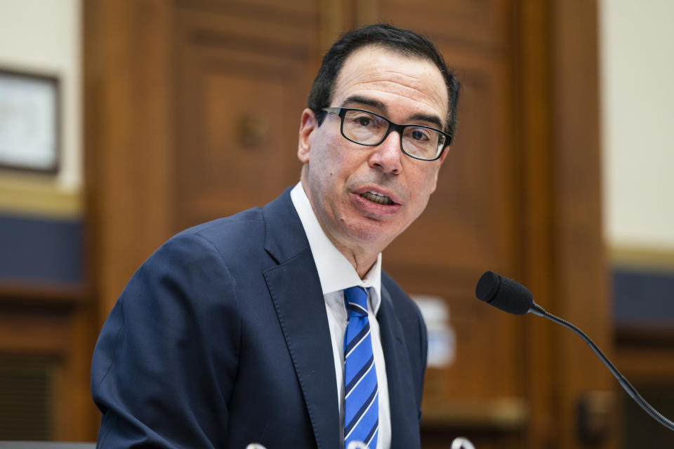 FILE - Treasury Secretary Steven Mnuchin testifies before a House Financial Services Committee hearing on Capitol Hill in Washington, Dec. 2, 2020. The House Jan. 6 committee has interviewed Mnuchin and is in negotiations to talk to several other Trump administration cabinet officials as it dives into the days after the Capitol insurrection and discussions about whether to try and remove the former president from office. (Jim Lo Scalzo/Pool via AP, File)