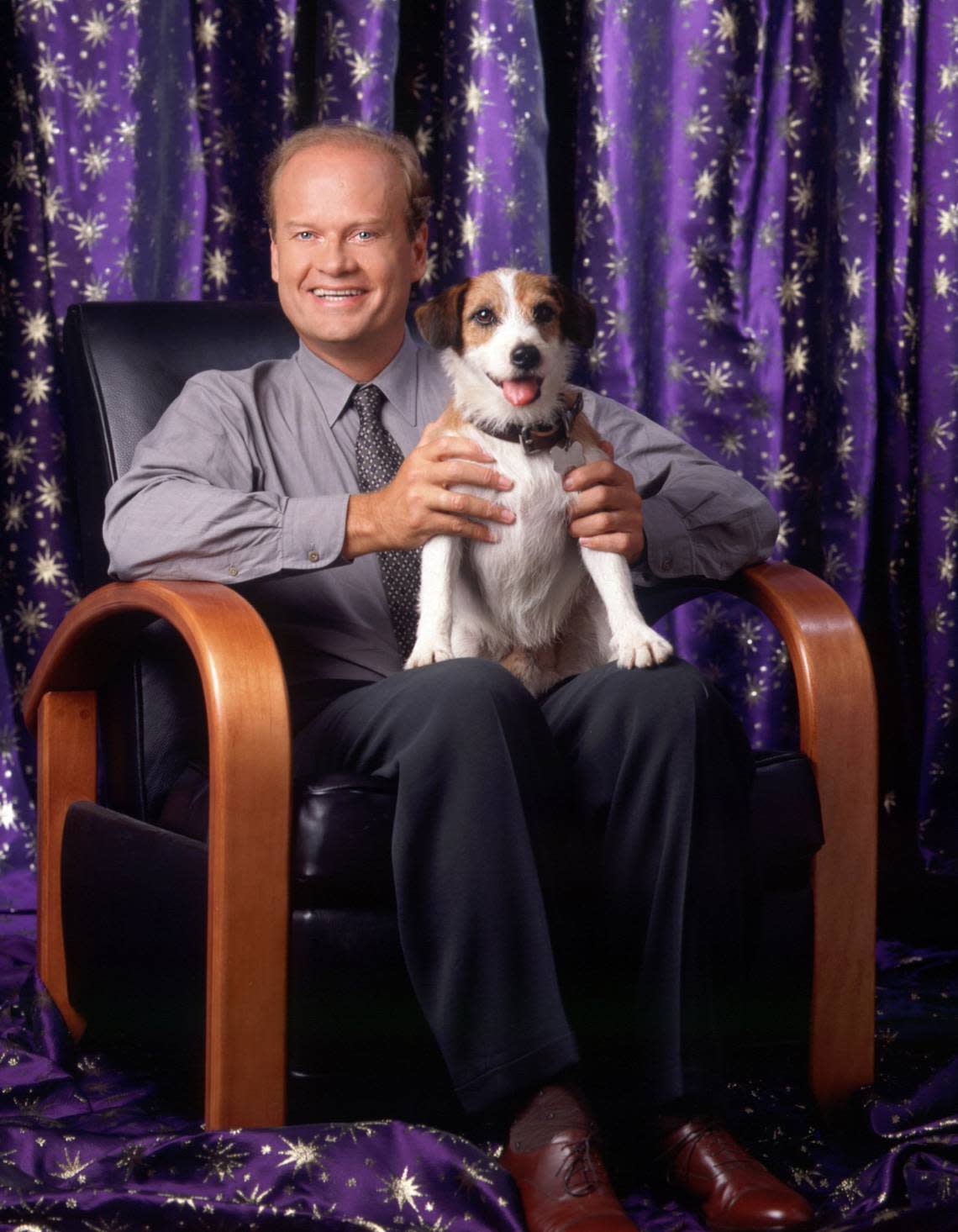 ** FILE** This file photo, orginally supplied by NBC, shows Kelsey Grammer, in his ninth year in the title role of the NBC sitcom “Frasier,” posing with Frasier’s dog, Eddie, in this 1998 file photo. The 16-year-old Jack Russell terrier, whose real name was Moose, passed away of old age Thursday, June 22, 2006, at the Los Angeles home of trainer Mathilde Halberg, Halberg told People magazine. (AP Photo/ NBC, Bill Reitzel)