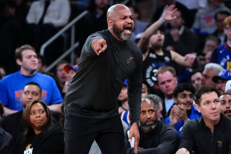 Cavaliers coach JB Bickerstaff argues a call during the first half of Game 3 of the team's first-round playoff series against the Knicks on Friday, April 21, 2023, in New York.