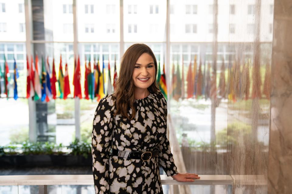 Abby Finkenauer, special envoy for the State Department's Global Youth Issues Office poses at the State Department on Aug. 10, 2023. Finkenauer now leads the office and serves as the public representative on youth issues in the first time the position has been elevated to the Special Envoy level.