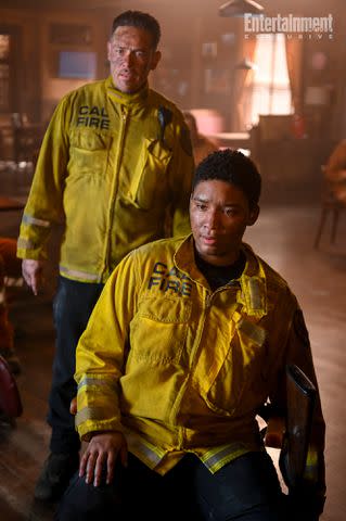 <p>Sergei Bachlakov/CBS</p> Kevin Alejandro, Jules Latimer in 'Fire Country' episode 'This Storm Will Pass.'