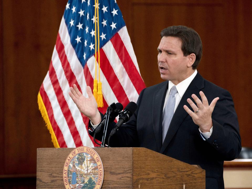 Florida Governor Ron DeSantis answers questions from the media in the Florida Cabinet following his State of the State address during a joint session of the Senate and House of Representatives, March 7, 2023, at the Capitol in Tallahassee, Florida.