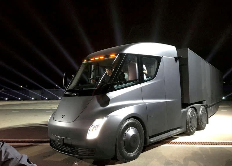 FILE PHOTO: Tesla's new electric semi truck is unveiled during a presentation in Hawthorne