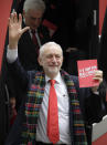 Jeremy Corbyn, Leader of Britain's opposition Labour Party waves upon arriving for the launch of Labour's General Election manifesto, at Birmingham City University, England, Thursday, Nov. 21, 2019. Britain goes to the polls on Dec. 12. (AP Photo/Kirsty Wigglesworth)