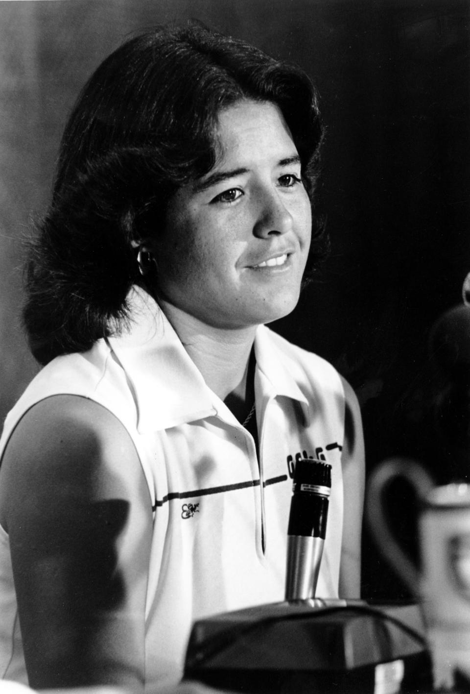 FILE - In this June 21, 1978 file photo, LPGA golfer Nancy Lopez speaks during a press conference in Hershey, Penn. Golfing great Nancy Lopez has a book deal. Lopez has an agreement with HarperOne, a division of HarperCollins Publishers, for a memoir scheduled to be published in June. HarperOne announced the deal Tuesday, Sept. 3, 2013, and says the book is currently untitled. (AP Photo/Paul Vathis)