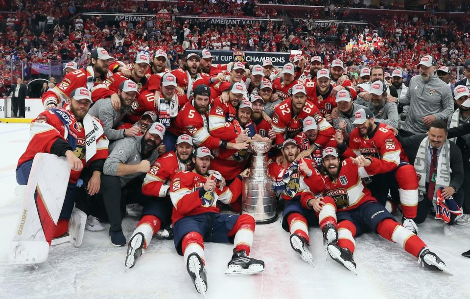 The Florida Panthers pose with the Stanley Cup after defeating the Edmonton Oilers 2-1 in Game 7 at Amerant Bank Arena in Sunrise, Florida on Monday night.