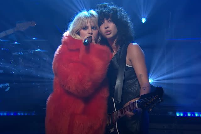 <p>Reneé Rapp/YouTube</p> Renee Rapp and Towa Bird performing "Tummy Hurts" on Late Night with Seth Meyers