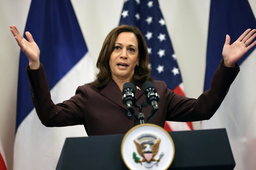 La vicepresidenta estadounidense Kamala Harris habla en conferencia de prensa en París, viernes 12 de noviembre de 2021.(Thomas Coex, Pool Photo via AP)