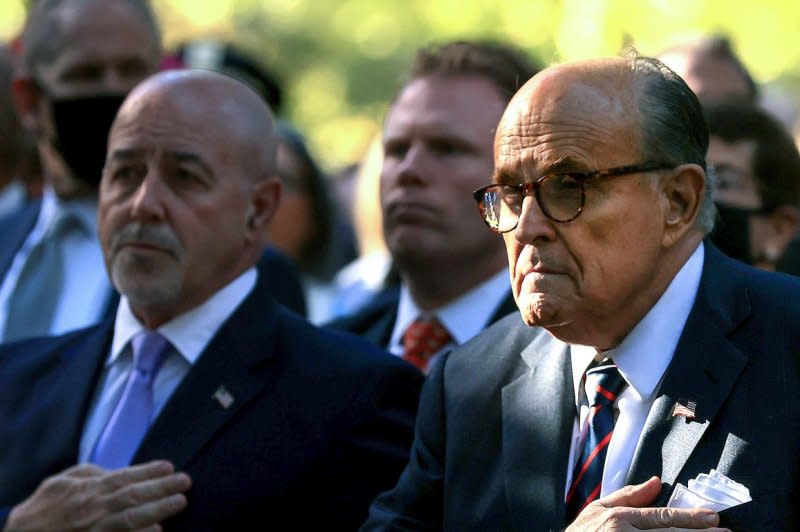 The Fulton County district attorney's office has alleged that former New York Police Commissioner Bernie Kerik (L) took part in meetings with former President Donald Trump’s co-conspirators Rudy Giuliani (R), Jenna Ellis and others as they discussed efforts to contest the results of the 2020 presidential election. File Photo by Chip Somodevilla/UPI