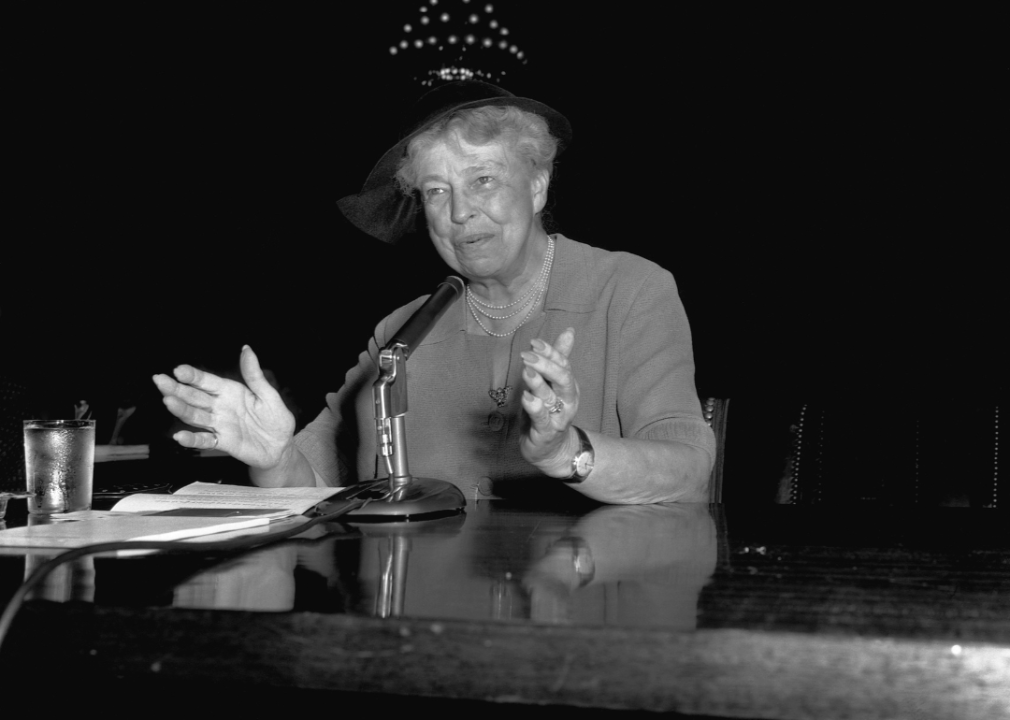 Eleanor Roosevelt speaking before the Senate Foreign Relations subcommittee on the United Nations charter.