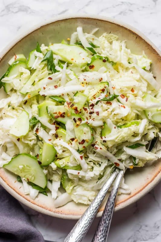 <p>Lavender and Macarons</p><p>  A quick 5-ingredient side dish recipe that's great to take on a picnic or serve alongside tacos.</p><p><strong>Get the recipe:</strong> <a href="https://www.lavenderandmacarons.com/healthy-napa-cabbage-cucumber-salad/" rel="nofollow noopener" target="_blank" data-ylk="slk:Healthy Napa Cabbage Salad;elm:context_link;itc:0;sec:content-canvas" class="link ">Healthy Napa Cabbage Salad</a></p>