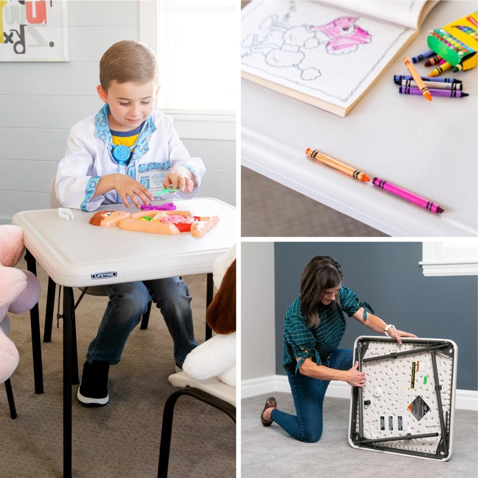 A split frame of a child playing at a table, crayons on a table, and the table folding for storage