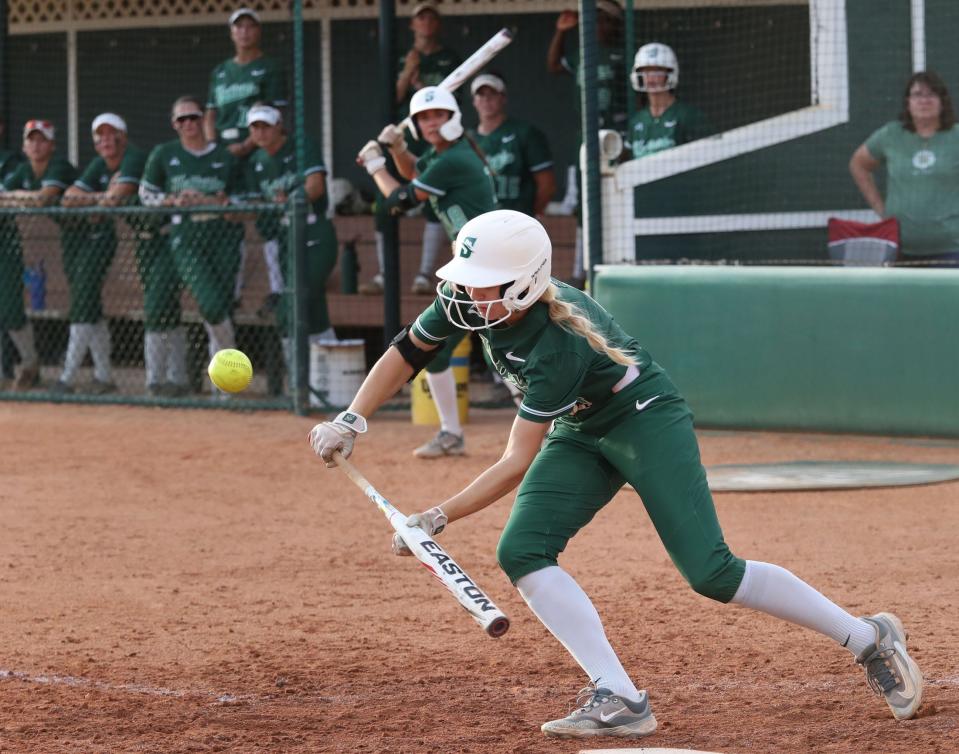 Stetson's Kami Eppley (4) bunts against Florida Atlantic during a March college softball game. The junior outfielder, from Episcopal School of Jacksonville, earned second-team All-ASUN honors.