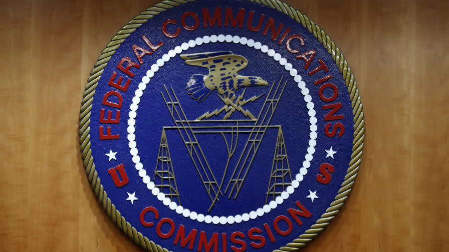 <sub>The seal of the Federal Communications Commission (FCC) is seen before an FCC meeting to vote on net neutrality in Washington on Dec. 14, 2017. </sub>