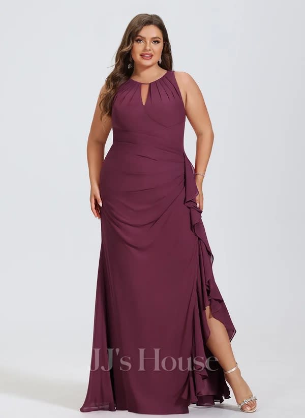 JJ's House Sheath/Column Scoop Floor-Length Chiffon Evening Dress With Cascading Ruffles