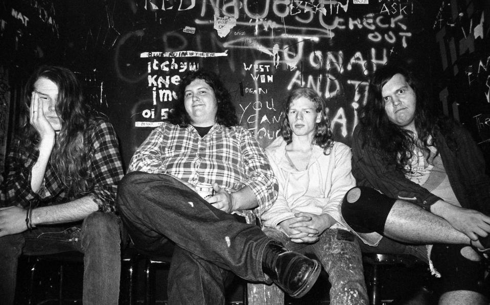 <p>Screaming Trees (including Mark Lanegan on left), backstage at the Fulham Greyhound in London, United Kingdom, 1989.</p>