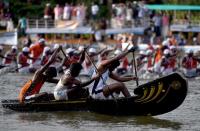 <p>Oarsmen row a serpentine boat in unison as they compete in the Mahatma Boat Race at Pamba River, ahead of Onam celebrations at Chengannur, near the Allepey district of southern Kerala state on September 12,2016. </p>