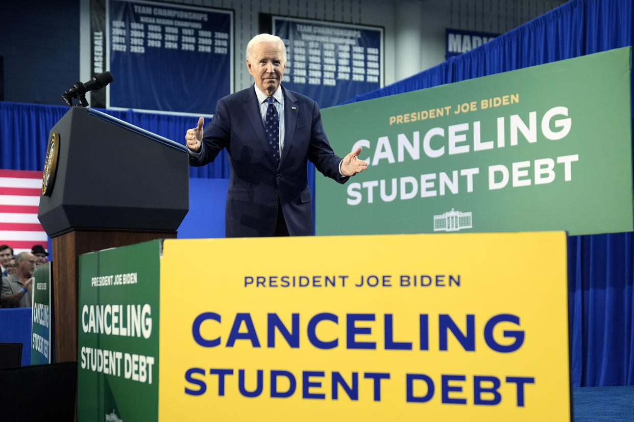 President Joe Biden departs after delivering remarks on student loan debt at Madison College, Monday, April 8, 2024, in Madison, Wis. (AP Photo/Evan Vucci)
