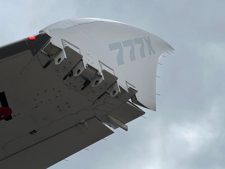 The folding wingtip on the 777-9 at the Farnborough airshow in 2022.