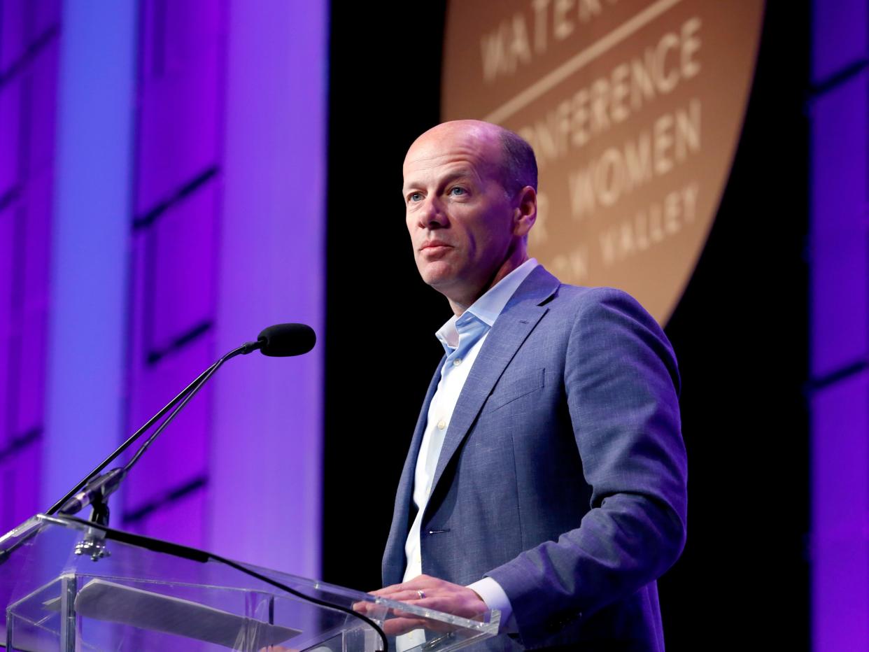 CEO of SVB Financial Greg Becker looks out across a stake while speaking at the Watermark Conference for Women 2018 on February 23, 2018 in San Jose, California.